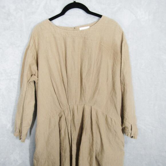 studio CLIP Dress Womens Medium Beige 100% Linen Long Sleeve Button Cuff Pockets - Picture 2 of 12